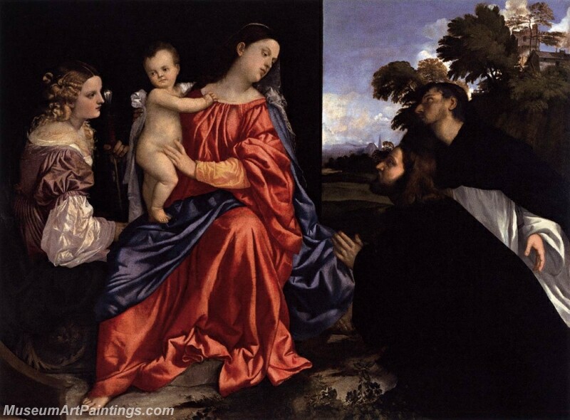 Madonna and Child with Sts Catherine and Dominic and a Donor Painting