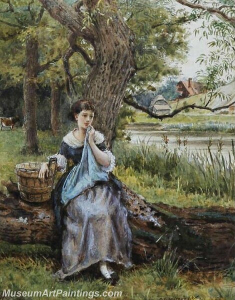 Maid seated by a tree before a river Painting