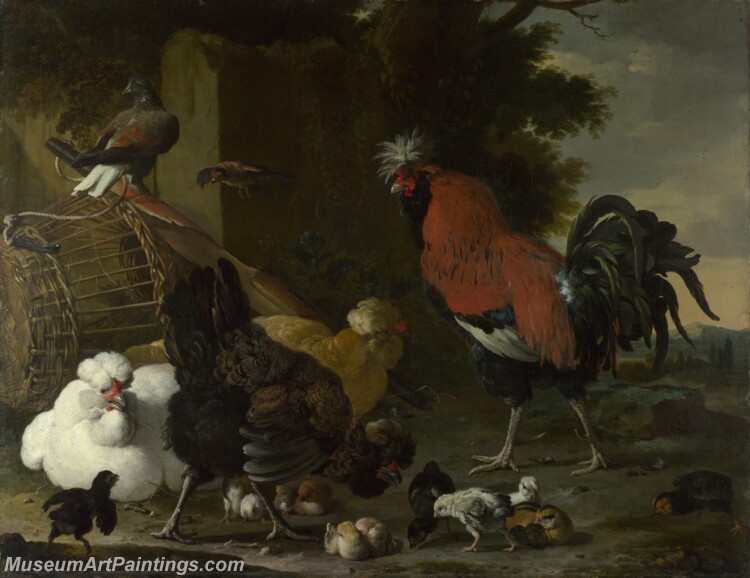 Melchior dHondecoeter A Cock Hens and Chicks Painting