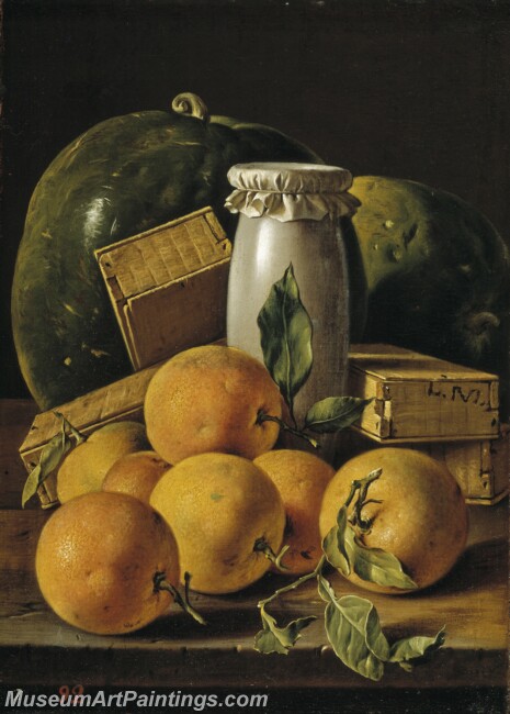 Melendez Luis Egidio Bodegon con naranjas melero cajas de dulces y sandias Painting