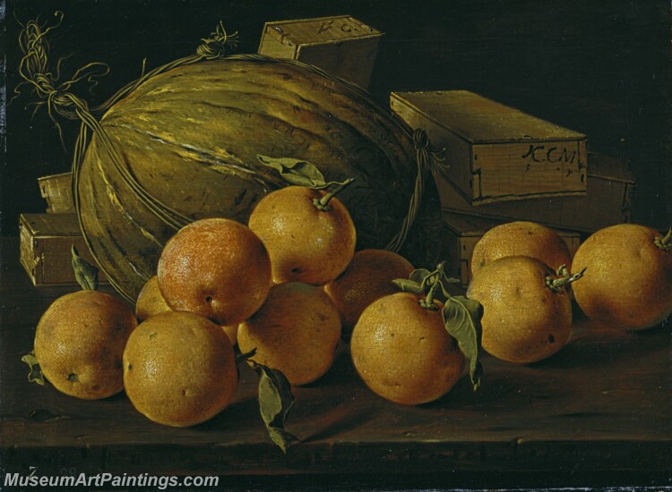 Melendez Luis Egidio Bodegon con naranjas melon y cajas de dulces Painting