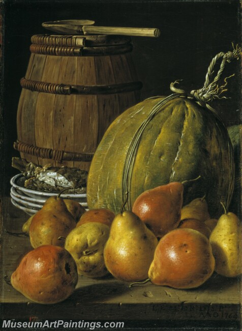 Melendez Luis Egidio Bodegon con peras melones platos y barril Painting