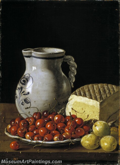 Melendez Luis Egidio Bodegon con plato de cerezas ciruelas jarra y queso Painting