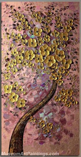 Modern Abstract Art Paintings Golden Tree Pink Background