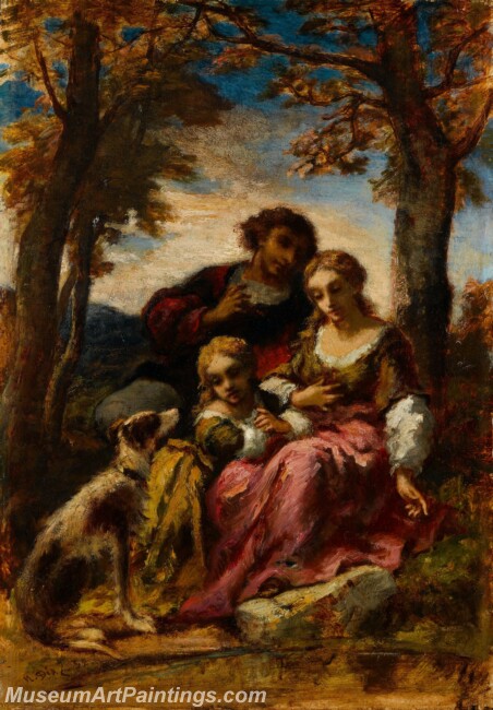 Narcisse Virgile Diaz de la Pena Figures and a Dog in a Landscape Painting