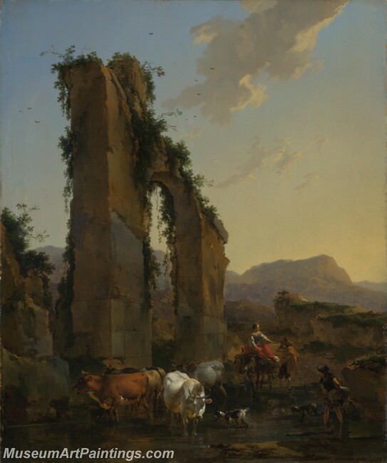 Nicolaes Berchem Peasants by a Ruined Aqueduct Painting