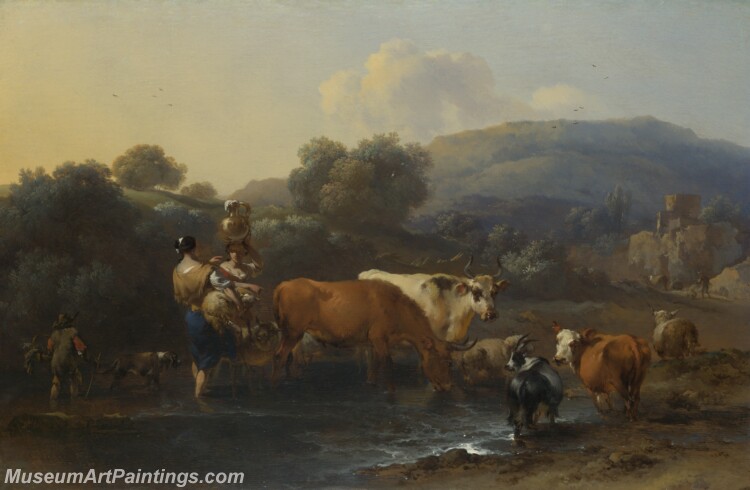 Nicolaes Berchem Peasants with Cattle fording a Stream Painting