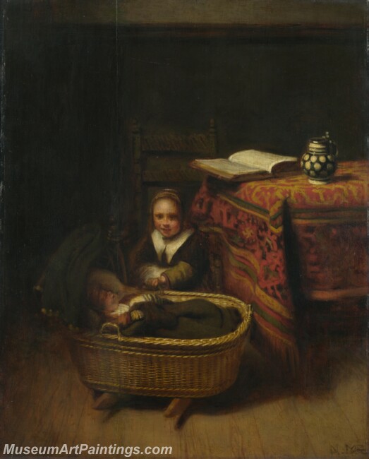 Nicolaes Maes A Little Girl rocking a Cradle Painting