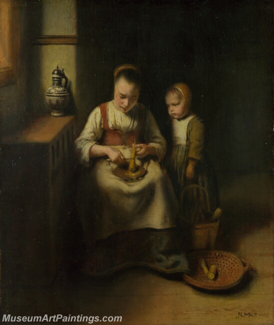 Nicolaes Maes A Woman scraping Parsnips with a Child standing by her Painting