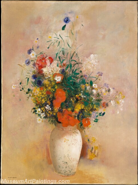 Odilon Redon Vase of Flowers Pink Background Painting