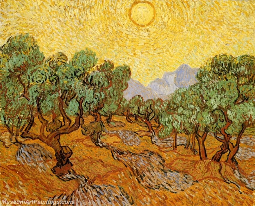 Olive Trees with Yellow Sky and Sun Painting