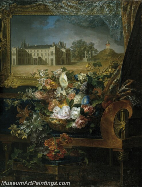 Parra Miguel Cesta de flores y vista del Palacio Real de Valencia Painting