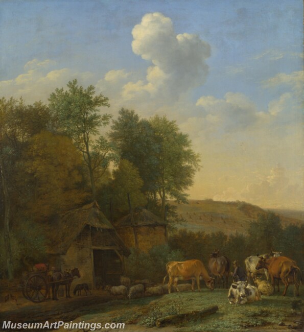 Paulus Potter A Landscape with Cows Sheep and Horses by a Barn Painting