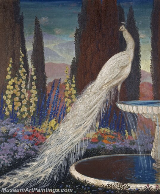 Peacock Paintings A White Peacock Resting on a Fountain