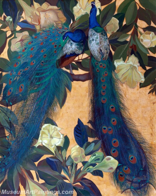Peacock Paintings Blue Peacocks on a Golden Background