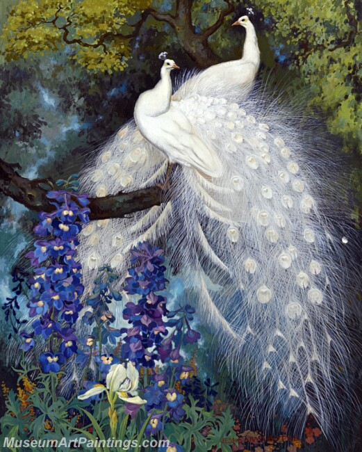 Peacock Paintings White Peacocks and Blue Delphinium