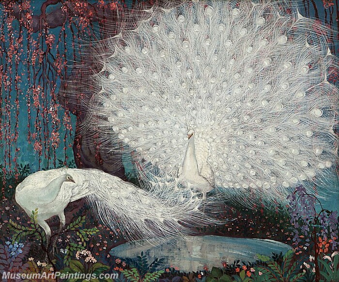Peacock Paintings White Peacocks and Cherry Blossoms