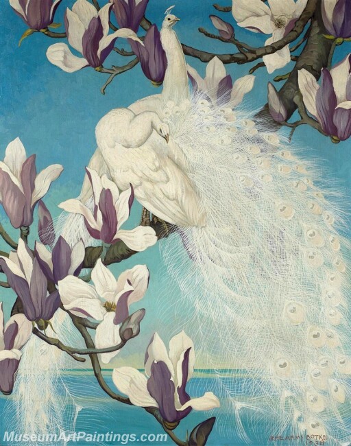 Peacock Paintings White Peacocks and Magnolia Blossoms