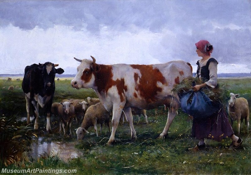 Peasant Woman with Cows and Sheep Painting