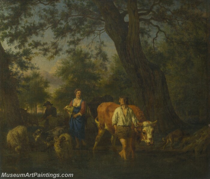 Peasants with Cattle fording a Stream Painting