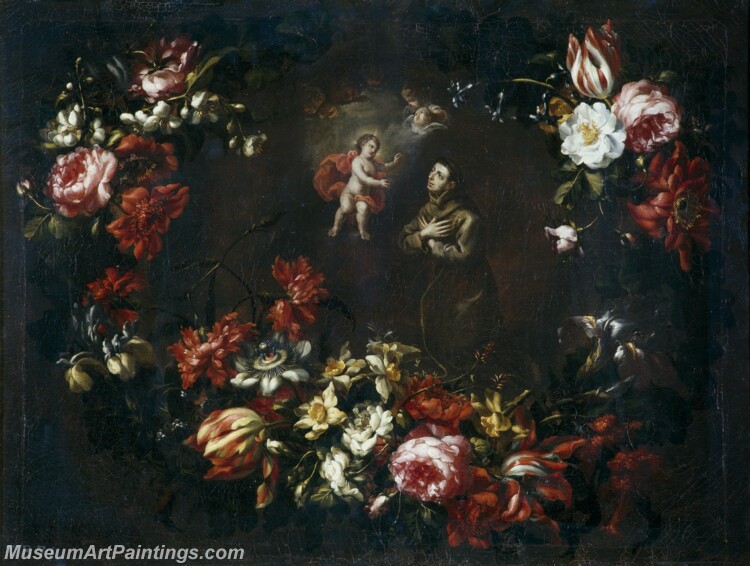 Perez BartolomeGuirnalda de flores con San Antonio de Padua Painting