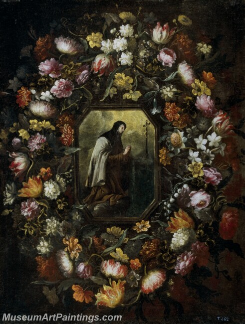 Perez BartolomeGuirnalda de flores con Santa Teresa de Jesus Painting