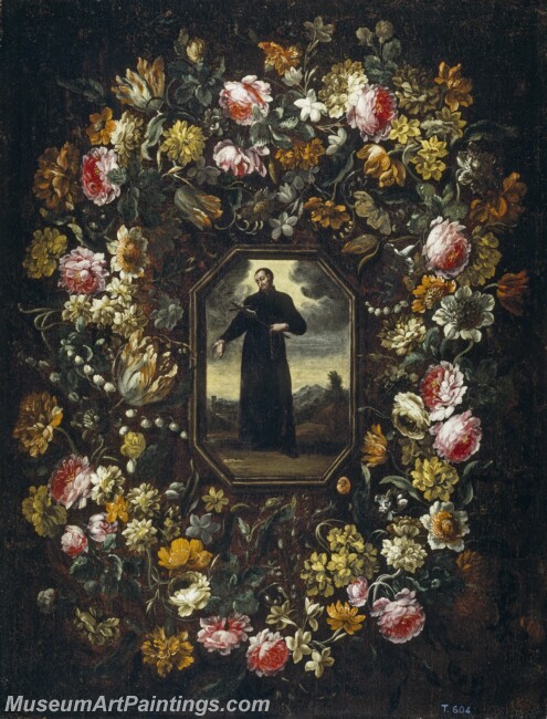 Perez BartolomeGuirnalda de flores con san Camilo de Lelis Painting