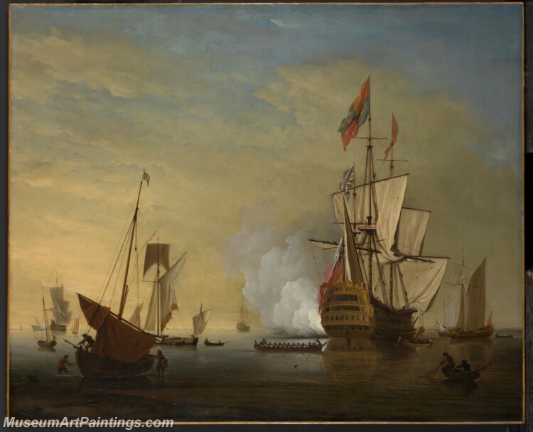 Peter Monamy Harbor Scene An English Ship with Sails Loosened Firing a Gun Painting