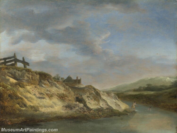 Philips Wouwermans A Stream in Dunes with Two Bathers Painting