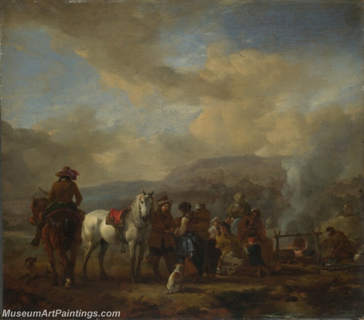 Philips Wouwermans Two Horsemen at a Gipsy Encampment Painting