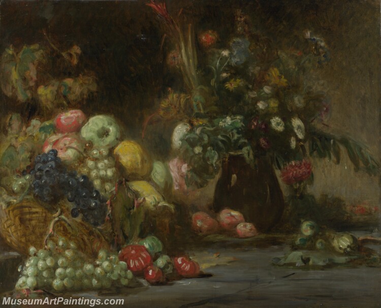 Pierre Andrieu Still Life with Fruit and Flowers Painting