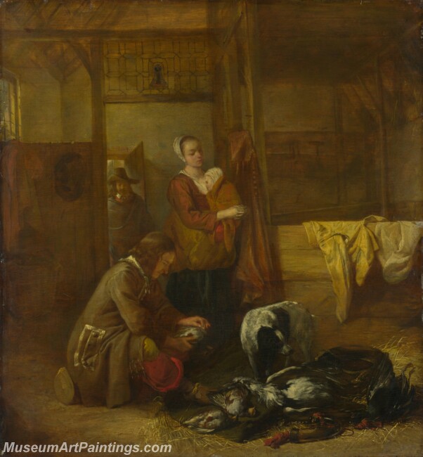 Pieter de Hooch A Man with Dead Birds and Other Figures in a Stable Painting