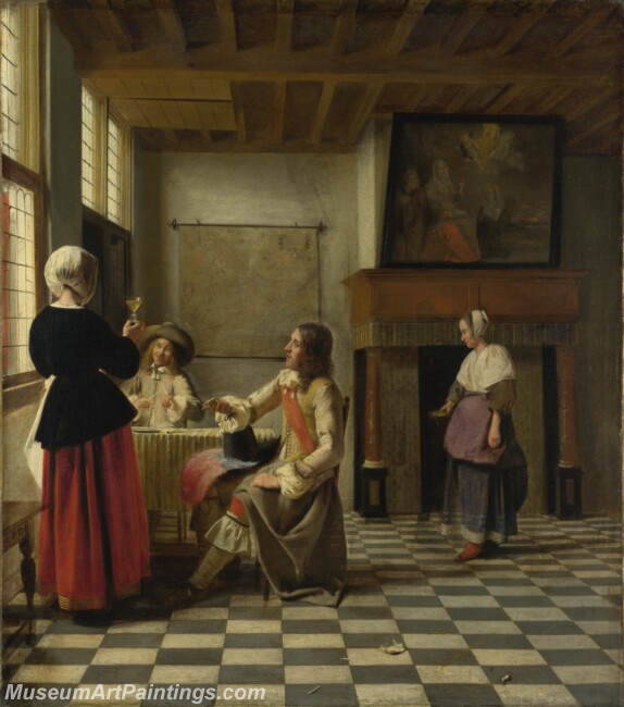 Pieter de Hooch A Woman Drinking with Two Men Painting