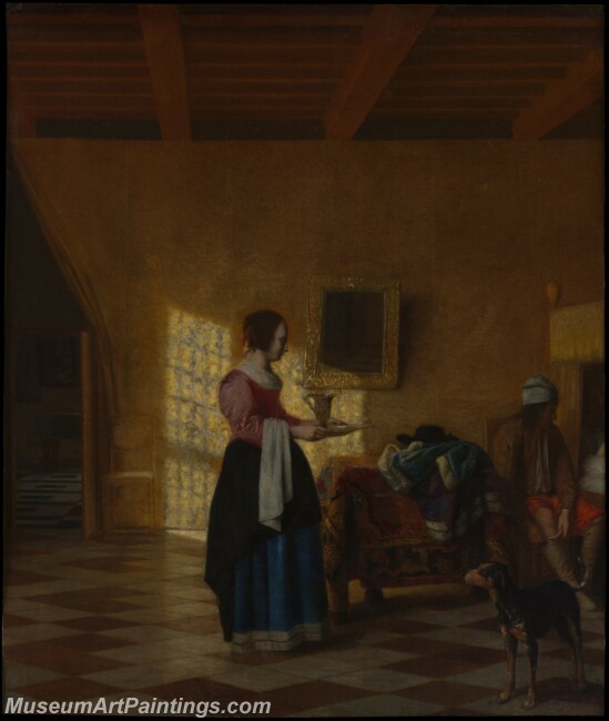 Pieter de Hooch Woman with a Water Pitcher and a Man by a Bed Painting