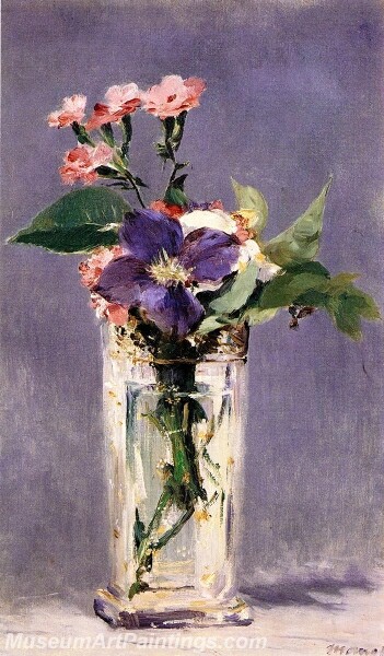 Pinks and Clematis in a Crystal Vase Painting