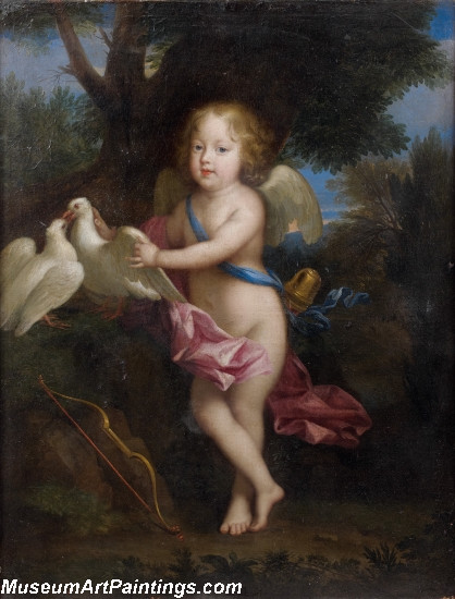 Portrait dun jeune garcon en cupidon jouant avec des colombes