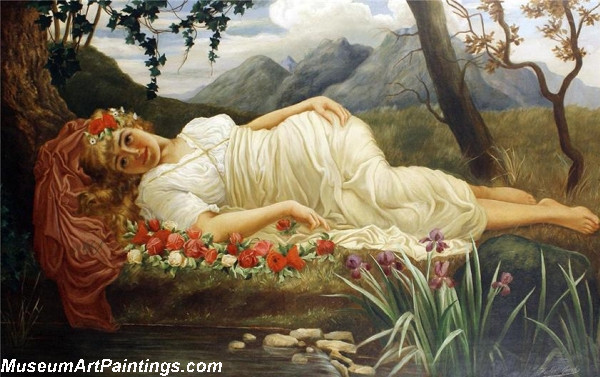 Portrait of a classical beauty on a bed of roses before a pond Painting
