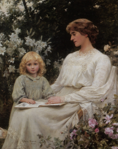 Portrait of a mother and daughter reading a book by Edwin Harris