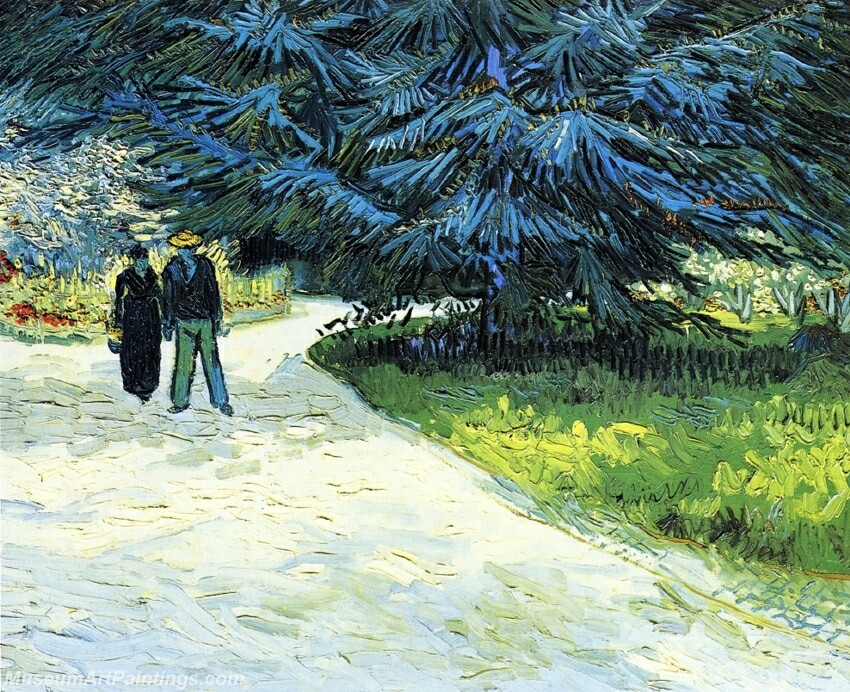 Public Garden with Couple and Blue Fir Tree Painting