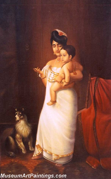 Raja Ravi Varma Paintings Malayali Women with Dog Feeding Her Child