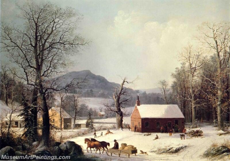 Red School House Winter Painting