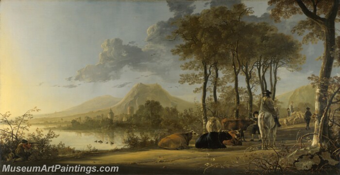 River Landscape with Horseman and Peasants Painting