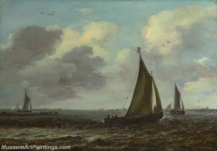 Sailing Vessels on a River in a Breeze Painting