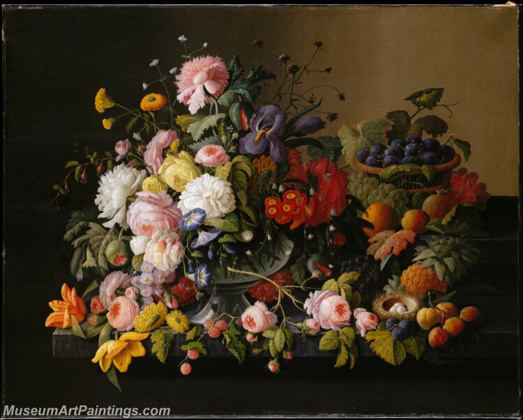 Severin Roesen Still Life Flowers and Fruit Painting