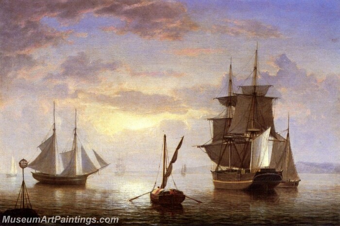 Ships in a Harbor Sunrise Painting