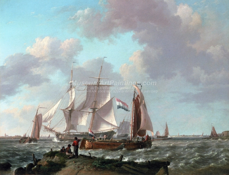 Ships in a Squall with Figures on the Shore