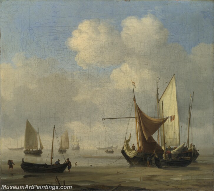 Small Dutch Vessels Aground at Low Water in a Calm Painting