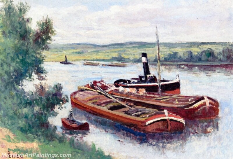 Steamboat and barges on the Seine at Mericourt