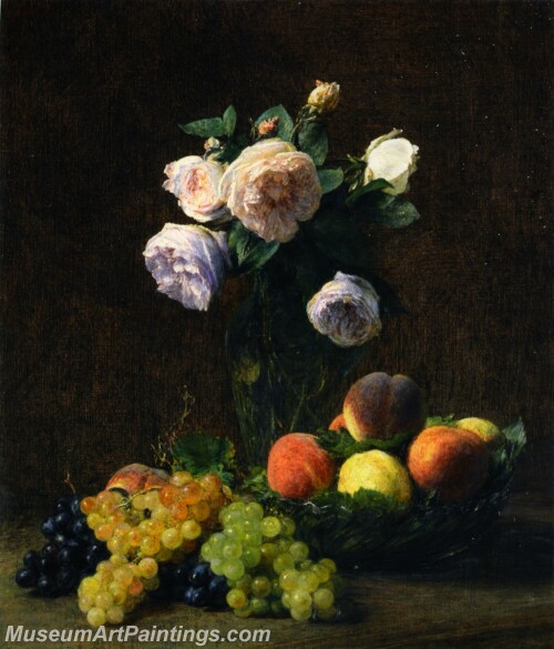 Still LIfe Vase of Roses Peaches and Grapes Painting