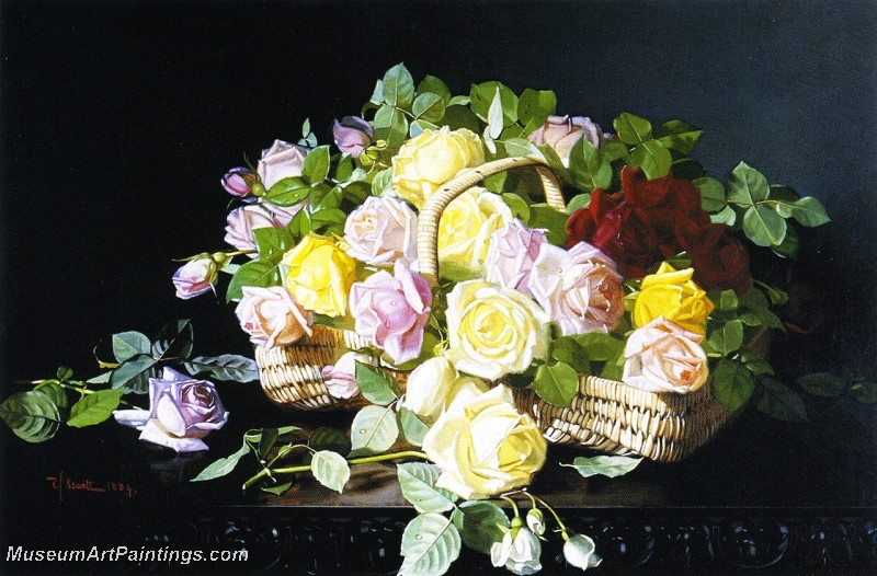 Still Life A Basket of Roses by Edward C Leavitt